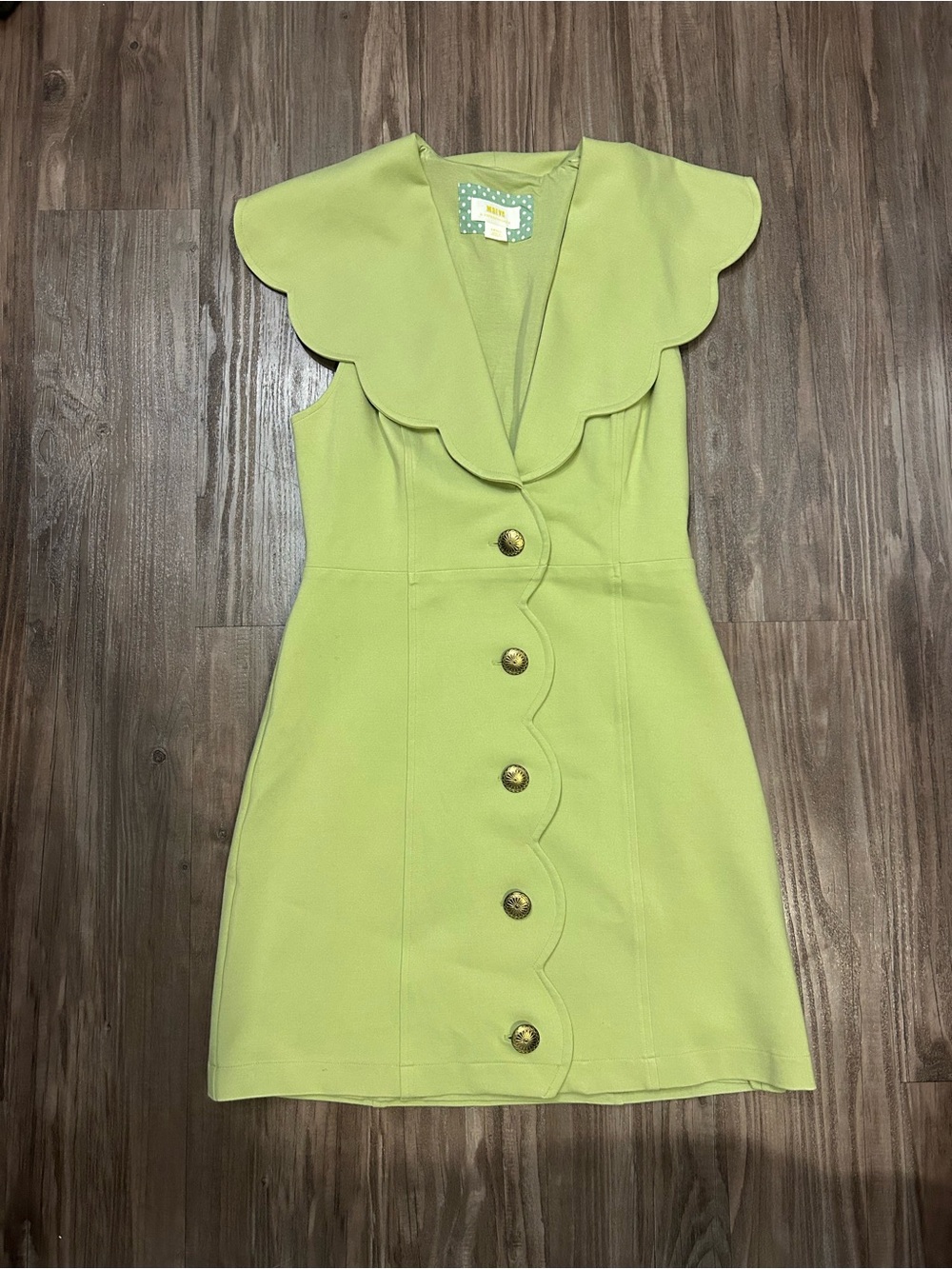Anthropologie Scallop-Trim Lime Dress with Gold Buttons